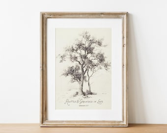 Arte mural cristiano "Arraigados y cimentados en el amor", boceto de árbol con paisaje vintage, impresión de versículos bíblicos, decoración neutra para sala de estar, Efesios 3:17