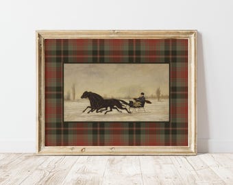 Vintage Winter Sleigh Ride Printable Wall Art Tartan Plaid Holiday Print Ralph Lauren Christmas Decor Winter Antique Equestrian Poster