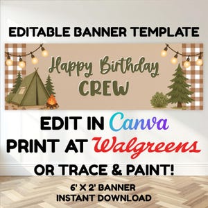 Camping Theme Birthday Banner, Custom Party Sign, Editable Canva Template, Digital Printable Walgreens Banner, Birthday Decor for Boys