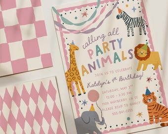 Calling All Party Animals Birthday Invitation, Digital Template, Printable Girl Invitation, Editable Canva Template Any Age Party Invitation