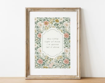 Christian Art Print This Little Light of Mine Floral Watercolor Pink Nursery Decor English Garden Digital Download Gifts for Baby Girl