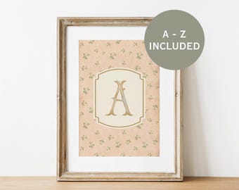 Arte de pared con iniciales, monograma vintage para niña, decoración de guardería, letras personalizadas, alfabeto cottagecore, regalo floral rosa para baby shower