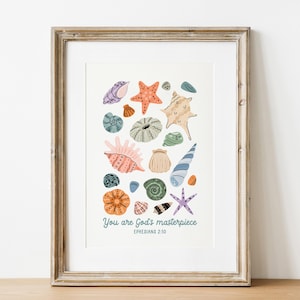 You Are Gods Masterpiece Christian Poster, Scripture Nursery Print, Boho Seashell Decor, Bible Verse Print, Coastal Granddaughter Wall Art