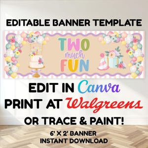 Puede incluir: Una plantilla de pancarta editable con el texto TWO much FUN en letras coloridas. El diseño incluye un pastel de dos niveles sobre un soporte, un gorro de fiesta, un regalo y arcos de globos florales sobre un fondo beige con rayas rosas.