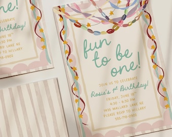May include: A rectangular birthday invitation card featuring a cream background with a scalloped pink border and striped edges. The text reads fun to be one! Join us to celebrate Rosie's 1st Birthday! Friday, June 18th, 4:30-6:30 PM, 1435 Mallard Lane NE.