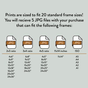 May include: A chart showing 20 standard frame sizes that can be used for digital prints. The chart is divided into five columns: 2x3 ratio, 3x4 ratio, 4x5 ratio, 11x14 inches, and ISO. Each column lists the different frame sizes that can be used for that ratio. The chart is titled "Prints are sized to fit 20 standard frame sizes! You will receive 5 JPG files with your purchase that can fit the following frames:"