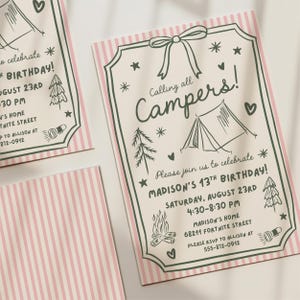 May include: A rectangular birthday invitation card featuring a cream background with pink vertical stripes on the edges. The design includes dark green hand-drawn illustrations of a tent, pine trees, a campfire, flashlights, and stars with the text Calling all Campers! Please join us to celebrate MADISON'S 13TH BIRTHDAY! SATURDAY, AUGUST 23RD 4:30-8:30 PM MADISON'S HOME 68211 FORTNITE STREET PLEASE RSVP TO ALLISON AT 555-872-0912.