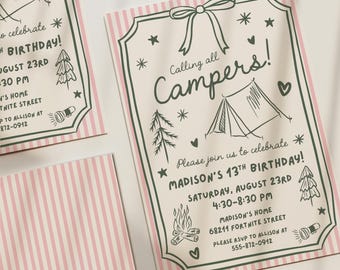 Retro Camping Themed Birthday Party Invitation, Digital Template, Printable Invitation, Editable Canva Template, Girl Party Custom Invite
