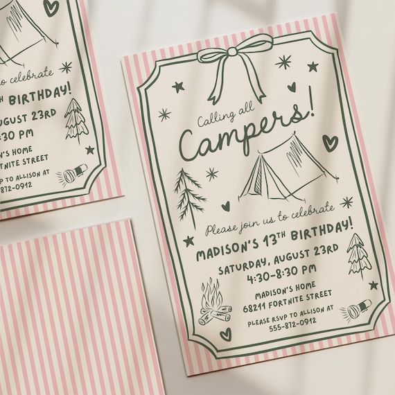 Retro Camping Themed Birthday Party Invitation, Digital Template, Printable Invitation, Editable Canva Template, Girl Party Custom Invite
