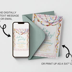 May include: A smartphone displaying a digital birthday invitation next to a printed 5x7 inch invitation card inside a sage green envelope. The invitation features colorful beaded garlands, yellow stars, and the text Let's party in teal script.