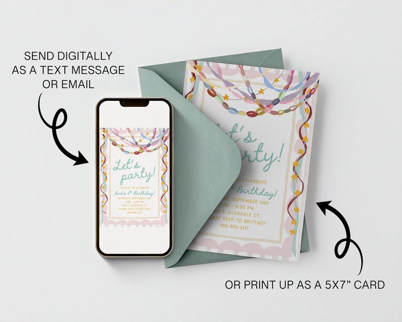 May include: A smartphone displaying a digital birthday invitation next to a printed 5x7 inch invitation card inside a sage green envelope. The invitation features colorful beaded garlands, yellow stars, and the text Let's party in teal script.