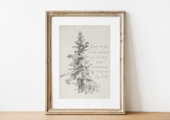 Glory To God Christmas Tree Wall Art Peace On Earth Printable Christian Holiday Decor Luke 2:14 Poster Vintage Tree Sketch With Scripture