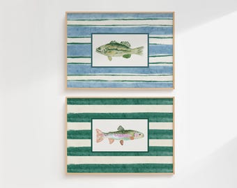 Watercolor Fish Wall Art Bundle, Fishing Posters Set of 2, Trendy Vintage Fish Decor, Lake House Wall Art, Boy Nursery Decor, Blue And Green