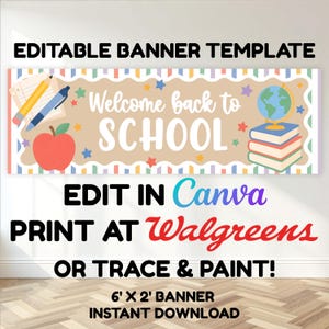 Pode incluir: Um modelo de banner editável de 183 cm x 61 cm com o texto Welcome back to SCHOOL. O design inclui um fundo bege com uma borda recortada, uma maçã vermelha, um lápis amarelo, uma caneta azul, um globo terrestre e livros com estrelas.
