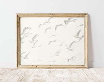 Flying Birds Printable Wall Art, Vintage Photography, Printable Black and White Digital Art Coastal Vibes Print Ocean Aesthetic Beach Poster