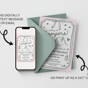 May include: A smartphone displaying a digital invitation and a physical 5x7 inch printed invitation card with a matching envelope. The design features pink stripes, a hand-drawn tent, trees, a campfire, and the text Calling all Campers.