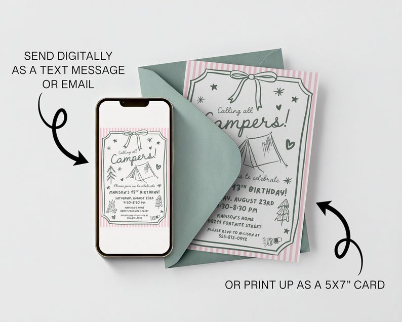 May include: A smartphone displaying a digital invitation and a physical 5x7 inch printed invitation card with a matching envelope. The design features pink stripes, a hand-drawn tent, trees, a campfire, and the text Calling all Campers.