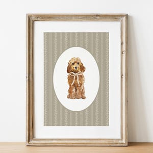 Golden Cockapoo Nursery Print, Watercolor Dog Wall Art, Neutral Baby Nursery, Cavapoo Puppy Decor, Coquette Beige Bow, Pet Lover Poster