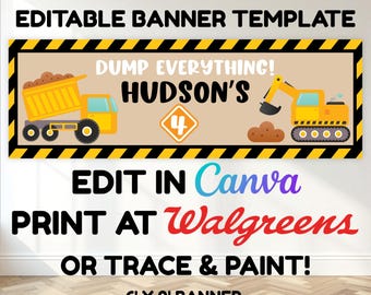 Baner urodzinowy z motywem budowy, spersonalizowany znak na imprezę, edytowalny szablon Canva, cyfrowy baner Walgreens do druku, dekoracja na imprezę z motywem wywrotki