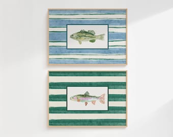 Watercolor Fish Wall Art Bundle, Fishing Posters Set of 2, Trendy Vintage Fish Decor, Lake House Wall Art, Boy Nursery Decor, Blue And Green