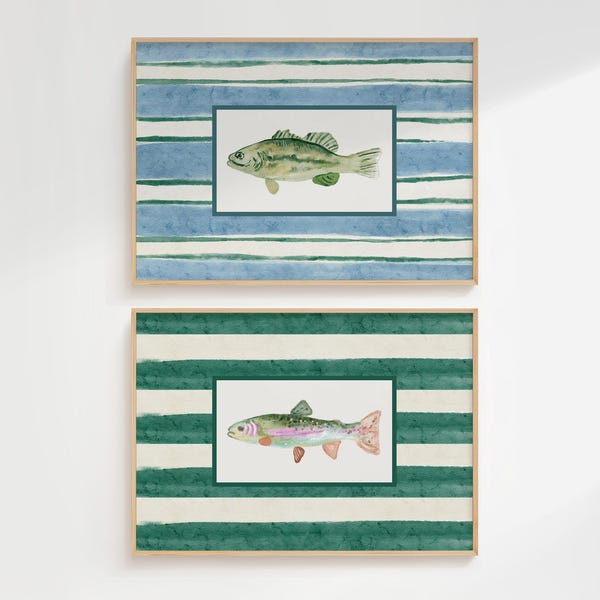 Aquarel vis muurkunstbundel, visposters set van 2, trendy vintage visdecor, Lake House muurkunst, decor jongenskamer, blauw en groen