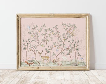 Chinoiserie Printable Wall Art, Pink Nursery Print, Baby Girl Nursery Art, Animal Decor, Vintage Cottage Core Poster, Girl Baby Shower Gift