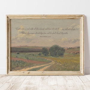 Proverbs 3:5-6 Trust In The Lord Printable Christian Wall Art, Vintage Bible Verse, Christian Scripture Art, Vintage Landscape Painting
