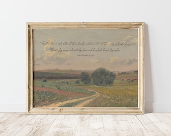 Proverbs 3:5-6 Trust In The Lord Printable Christian Wall Art, Vintage Bible Verse, Christian Scripture Art, Vintage Landscape Painting