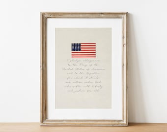 Afdrukbare muurkunst Amerikaanse vlag, belofte van trouw vintage christelijke kunst, Fourth Of July decor, patriottische print, rood-witte en blauwe kunst