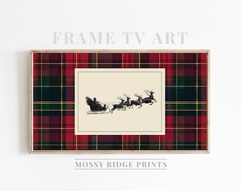 Decoración para TV con marco Samsung, decoración navideña vintage para TV con marco, descarga digital de cuadros escoceses de Ralph Lauren, decoración para TV con Papá Noel en trineo