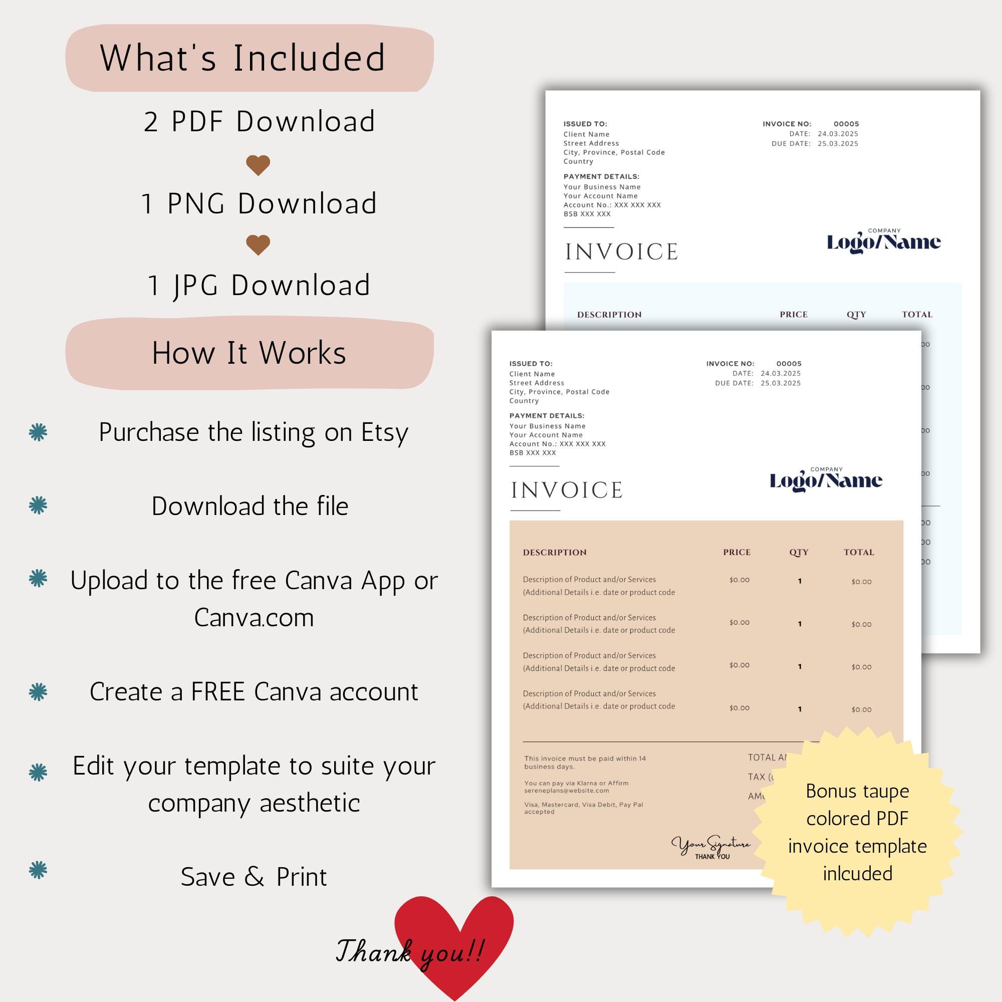 Etsy Seller Invoice Template for Canva Customizable Receipt for