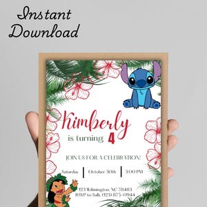Lilo and Stitch Digital Invitation – Tropical Hawaiian Theme, Disney Party Invite, Customizable Beachy Floral Design