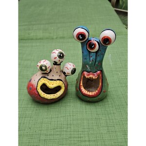 2 Ceramic Monster Sculptures  3-Eyed Handmade 6" Folk Art Aliens Kitsch Funky