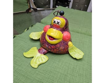 Vintage Keramik Handgjord Fisk Vindklocka Folkkonst Nyckfull Funky 40 cm