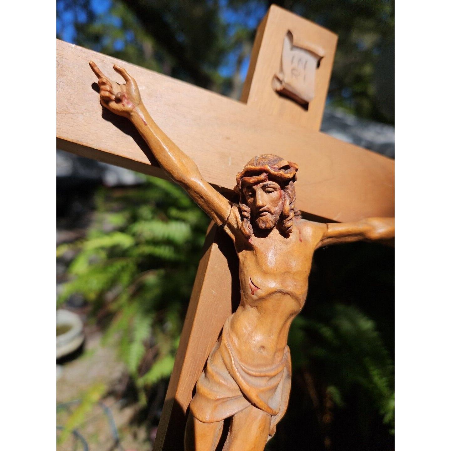 Antique German Hand Carved CRUCIFIX 14" Cross Jesus Christ INRI Black Forest