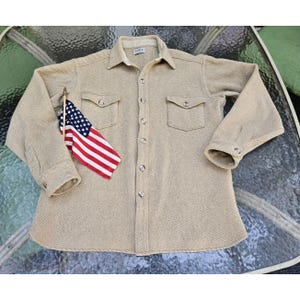 LL Bean Northwoods Shirt Wool Herringbone Tweed Vintage 70s Camel Shacket Large