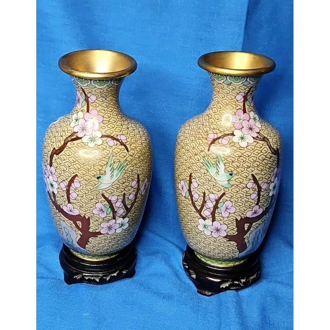 Pair Vintage Chinese Cloisonne Vases CHERRY BLOSSOMS Birds W/carved ...