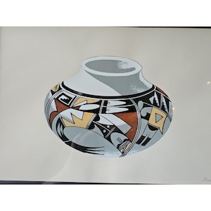 Vaso de cerâmica Pueblo Hopi com pintura de pássaro, estilo nativo americano do sudoeste, assinado, 12x9