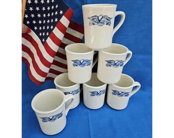 7 Syracuse China Diner Coffee Mugs AMERICANA Blue EAGLE Restaurant Ware Vintage