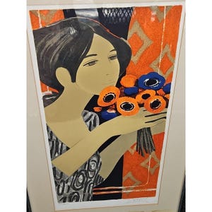 MCM Girl With Flowers YVES GANNE Femme Au Bouquet Signed 32x19 French Lithograph