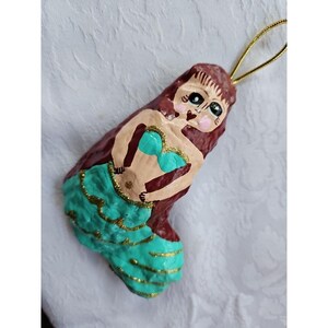 Oyster Sea Shell Christmas Ornament MERMAID Signed Hand Painted FOLK ART Coastal