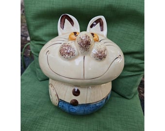 Vintage FAT CAT Cookie Jar Fitz & Floyd Kitty in Blue Jeans