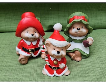 Set de figuras navideñas vintage de la familia de osos Homco, lote de decoración navideña en excelente estado.