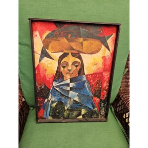 Cubist Painting Abstract WOMAN WITH FISH Outsider Art Cubism Mosaic 19x14