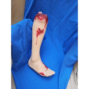 May include: A prosthetic leg with exposed bone and realistic blood effects. The leg is flesh-toned with red paint simulating open wounds and blood. The leg is resting on a blue surface.