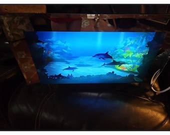 Lámpara de pared con diseño de delfines en movimiento, espejo con marco y sonido de playa, estilo vintage, 48 cm (19 pulgadas)