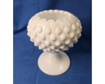 Fenton Milchglas Hobnail IVY BALL Rose Bowl Pedestal Scalloped Vase MCM 4,5 "