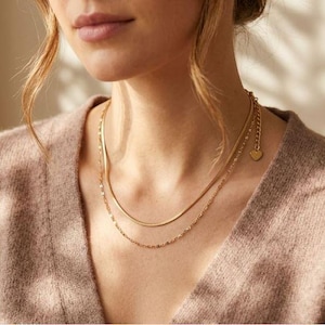 May include: A close-up of a person wearing two gold necklaces. The top necklace is a simple chain, while the bottom necklace has a delicate chain design. A small heart charm hangs from the end of the bottom necklace.
