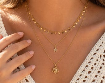 Boho Celestial Layered Necklace Star Chain & Sun Pendant Summer Jewellery Gift for Her
