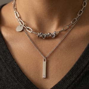 Silver Layered Necklace, Double Chain Necklace, Vertical Bar Pendant, Minimalist Jewellery Gift for Her